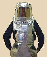 Aluminized safety knee-length apron and hood with gold face shield